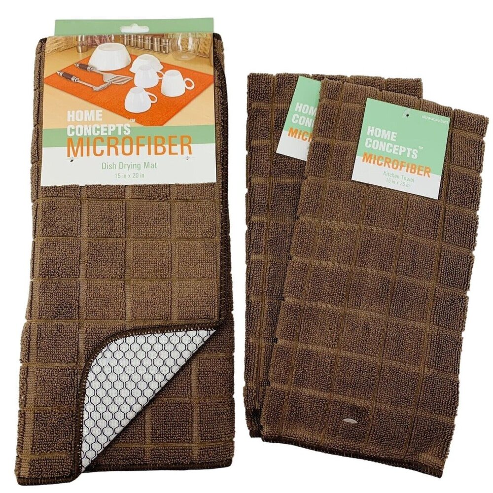 Dish Drying Mat Kitchen Towels Microfiber Brown Window Pane Check